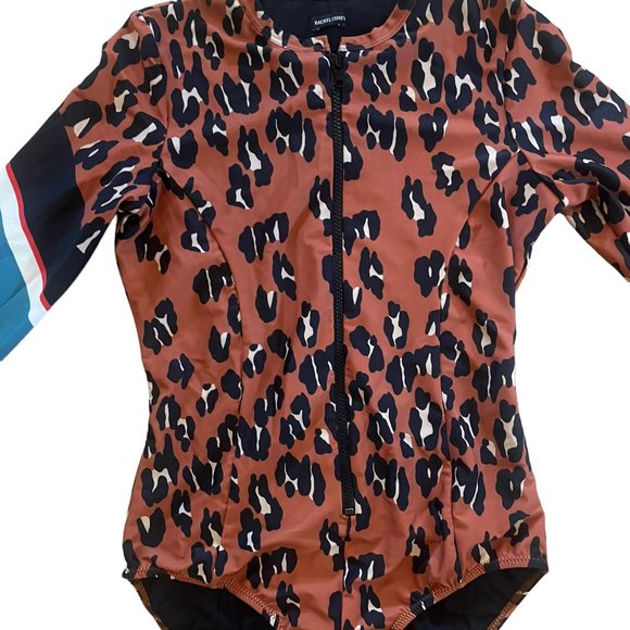 Rachel Comey Long Sleeve Leopard Print Stripe Accent Front Zip One Piece Swim - Picture 12 of 12